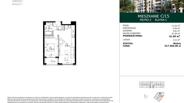 Rzut - Mieszkanie na sprzedaż 2 pokoje o powierzchni 41,68 m² - numer C/15 w Merloft