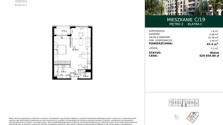 Rzut - Mieszkanie na sprzedaż 1 pokój o powierzchni 43,4 m² - numer C/19 w Merloft