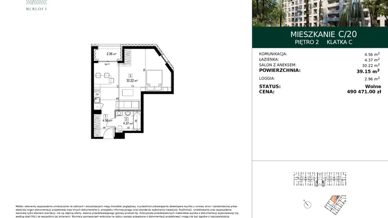 Rzut - Mieszkanie na sprzedaż 1 pokój o powierzchni 39,15 m² - numer C/20 w Merloft