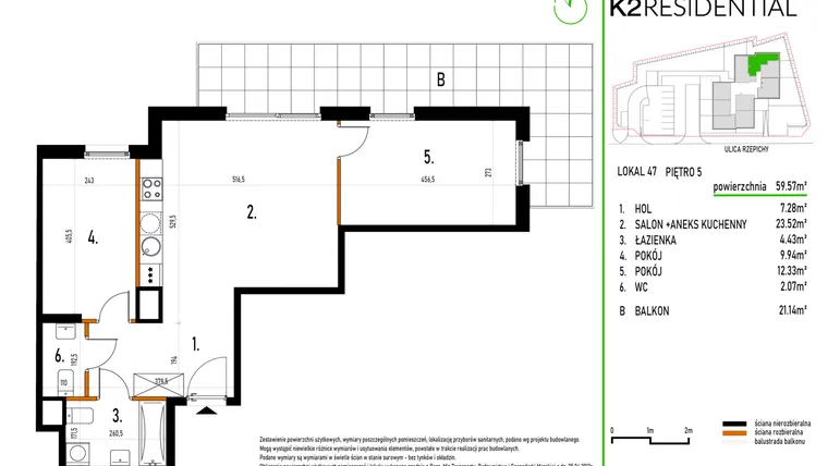 Rzut - Mieszkanie na sprzedaż 3 pokoje o powierzchni 59,73 m² - numer 47 w Rzepichy 3