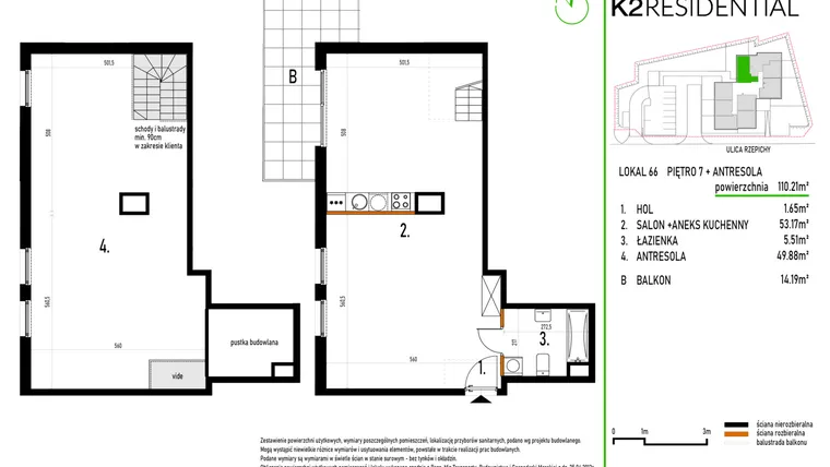 Rzut - Mieszkanie na sprzedaż 1 pokój o powierzchni 110,41 m² - numer 66 w Rzepichy 3