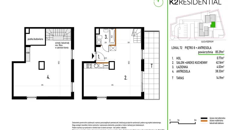 Rzut - Mieszkanie na sprzedaż 1 pokój o powierzchni 85,49 m² - numer 72 w Rzepichy 3