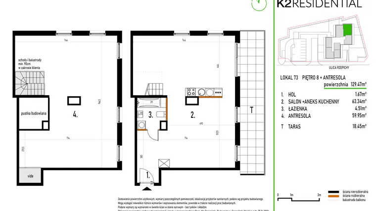 Rzut - Mieszkanie na sprzedaż 1 pokój o powierzchni 129,64 m² - numer 73 w Rzepichy 3