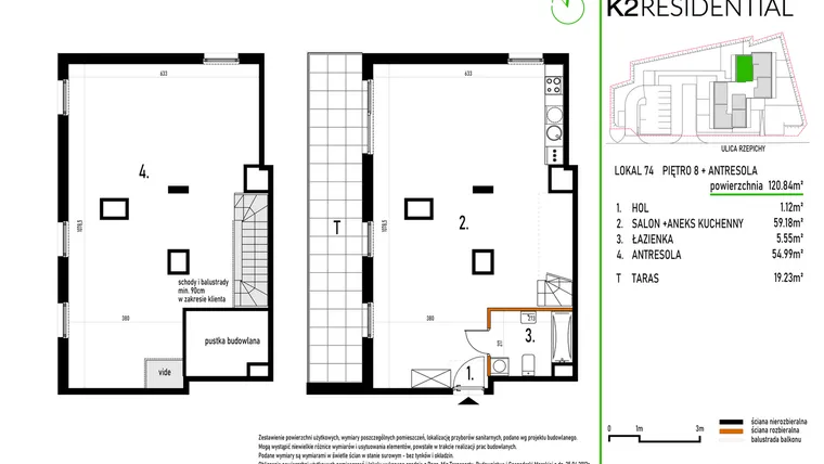 Rzut - Mieszkanie na sprzedaż 2 pokoje o powierzchni 120,99 m² - numer 74 w Rzepichy 3