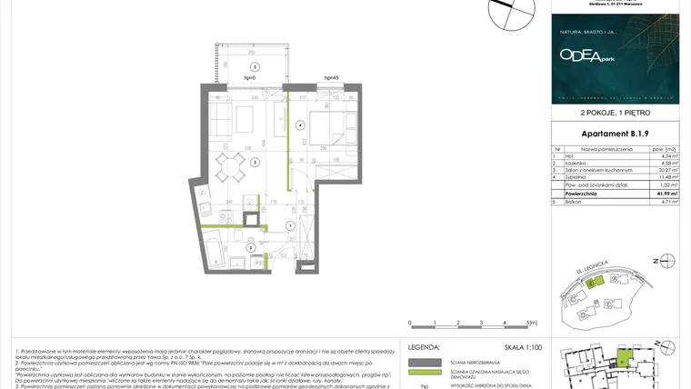 Rzut - Mieszkanie na sprzedaż 2 pokoje o powierzchni 41,99 m² - numer B.1.9 w Odea Park