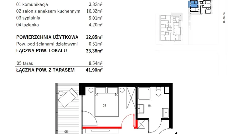 Rzut - Mieszkanie na sprzedaż 2 pokoje o powierzchni 33,36 m² - numer M1 w SUNDAY Resort Ustronie Morskie