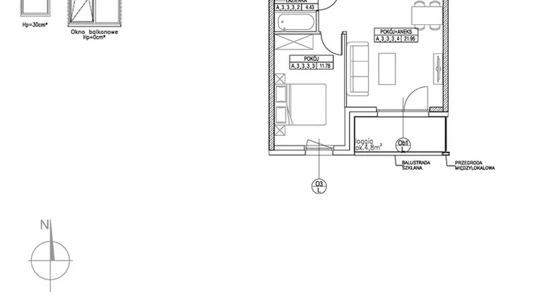 Rzut - Mieszkanie na sprzedaż 2 pokoje o powierzchni 42,89 m² - numer A.3.3.3 w Forma