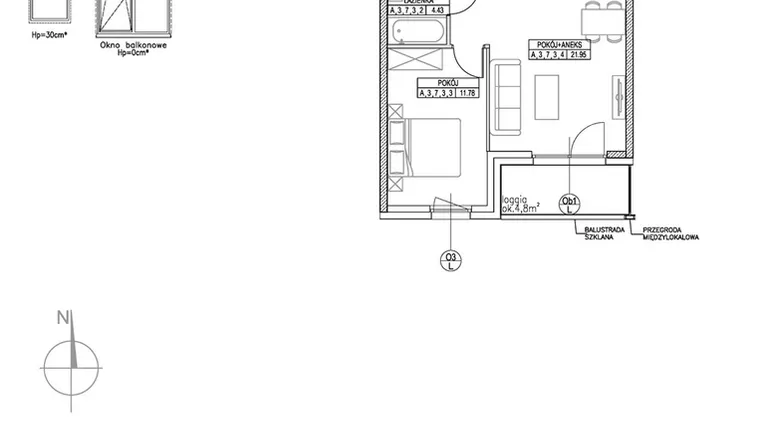 Rzut - Mieszkanie na sprzedaż 2 pokoje o powierzchni 42,89 m² - numer A.3.7.3 w Forma