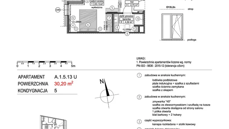 Rzut - Mieszkanie na sprzedaż 1 pokój o powierzchni 30,11 m² - numer A.1.5.13U w Mikołajki Apartamenty