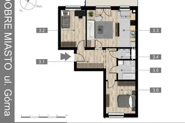 Rzut - Mieszkanie na sprzedaż 3 pokoje o powierzchni 64,85 m² - numer 3 w Villa Centrum Dobre Miasto