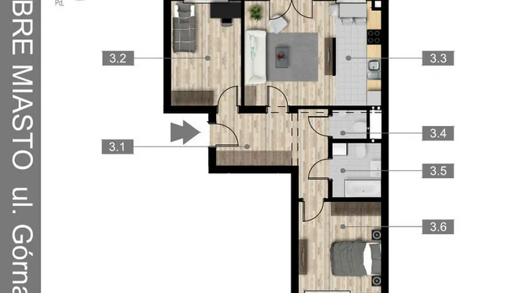Rzut - Mieszkanie na sprzedaż 3 pokoje o powierzchni 64,85 m² - numer 3 w Villa Centrum Dobre Miasto