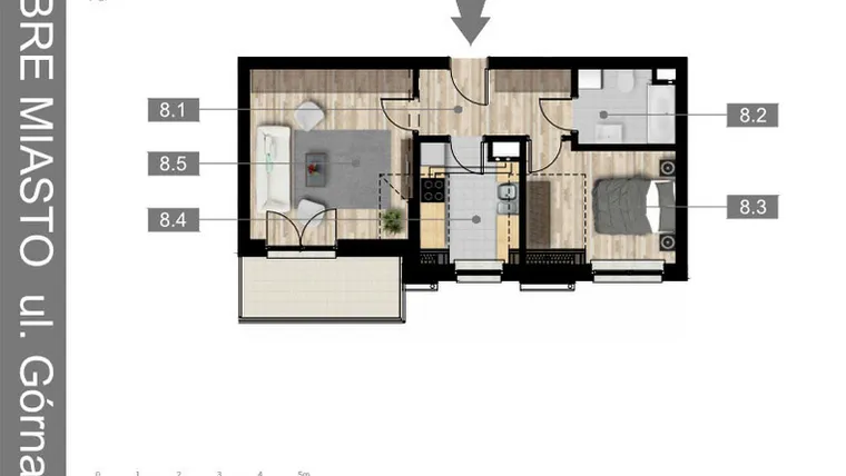 Rzut - Mieszkanie na sprzedaż 2 pokoje o powierzchni 42,52 m² - numer 8 w Villa Centrum Dobre Miasto