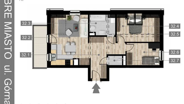 Rzut - Mieszkanie na sprzedaż 3 pokoje o powierzchni 61,21 m² - numer 32 w Villa Centrum Dobre Miasto