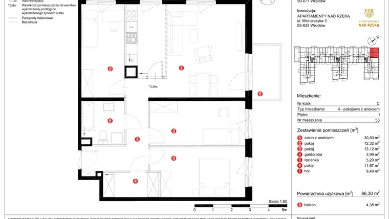 Rzut - Mieszkanie na sprzedaż 4 pokoje o powierzchni 86,3 m² - numer 55 w Apartamenty nad Rzeką