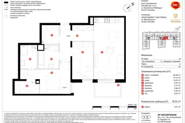 Rzut - Mieszkanie na sprzedaż 3 pokoje o powierzchni 76,52 m² - numer 76 w Apartamenty nad Rzeką
