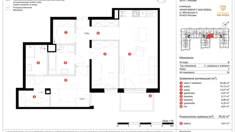 Rzut - Mieszkanie na sprzedaż 3 pokoje o powierzchni 76,52 m² - numer 76 w Apartamenty nad Rzeką