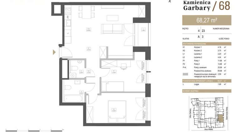 Rzut - Mieszkanie na sprzedaż 3 pokoje o powierzchni 65,5 m² - numer 23 w Garbary 68