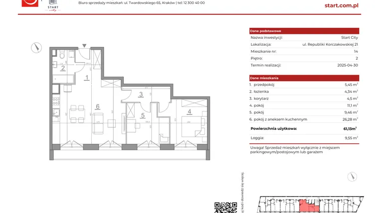Rzut - Mieszkanie na sprzedaż 3 pokoje o powierzchni 61,13 m² - numer 21/14 w Start City etap IV