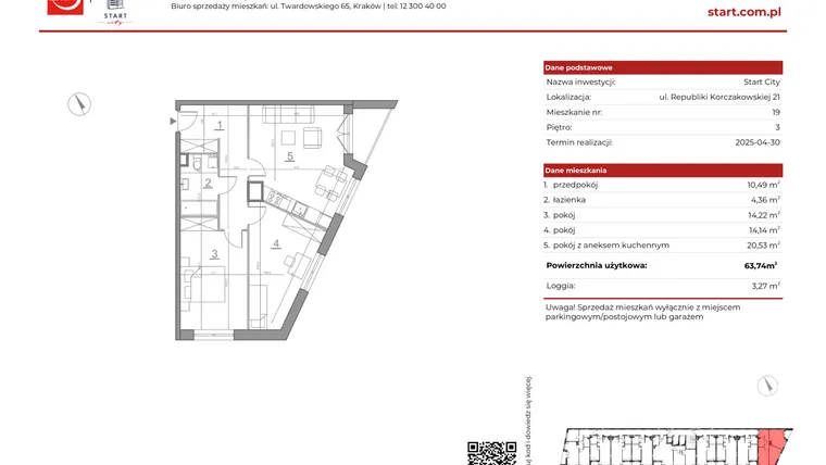 Rzut - Mieszkanie na sprzedaż 3 pokoje o powierzchni 63,63 m² - numer 21/19 w Start City etap IV
