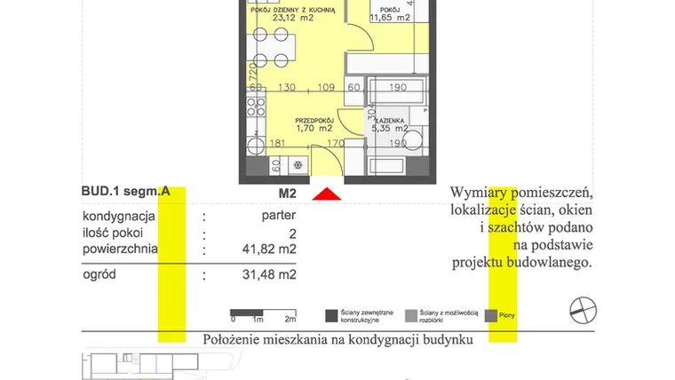 Rzut - Mieszkanie na sprzedaż 2 pokoje o powierzchni 41,82 m² - numer M2 w Apartamenty Dwa Światy etap II