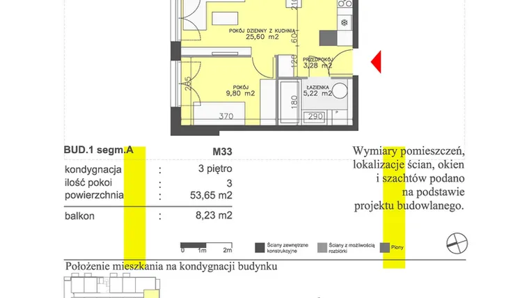 Rzut - Mieszkanie na sprzedaż 3 pokoje o powierzchni 53,65 m² - numer M33 w Apartamenty Dwa Światy etap II