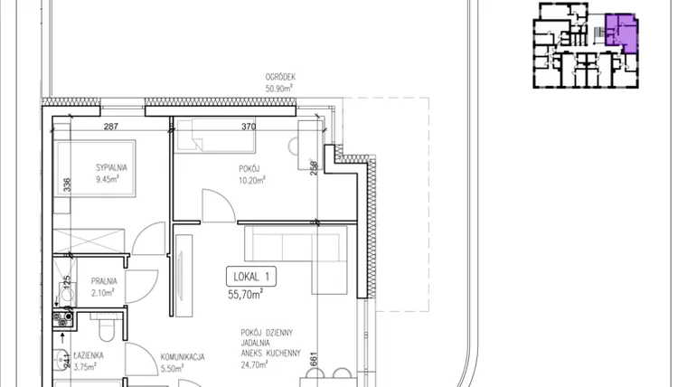 Rzut - Mieszkanie na sprzedaż 3 pokoje o powierzchni 55,7 m² - numer 1 w HELLO! Jasińskiego