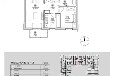 Rzut - Mieszkanie na sprzedaż 2 pokoje o powierzchni 50,09 m² - numer 1B-4-2 w Naramowice Odnova