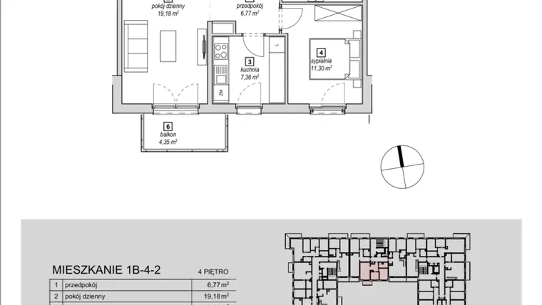 Rzut - Mieszkanie na sprzedaż 2 pokoje o powierzchni 50,09 m² - numer 1B-4-2 w Naramowice Odnova