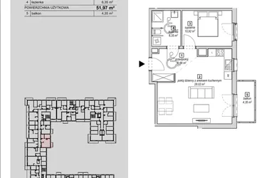 Rzut - Mieszkanie na sprzedaż 2 pokoje o powierzchni 51,97 m² - numer 1C-1-2 w Naramowice Odnova