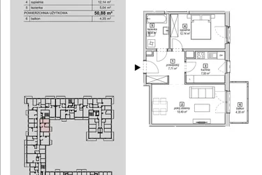 Rzut - Mieszkanie na sprzedaż 2 pokoje o powierzchni 50,88 m² - numer 1C-2-1 w Naramowice Odnova