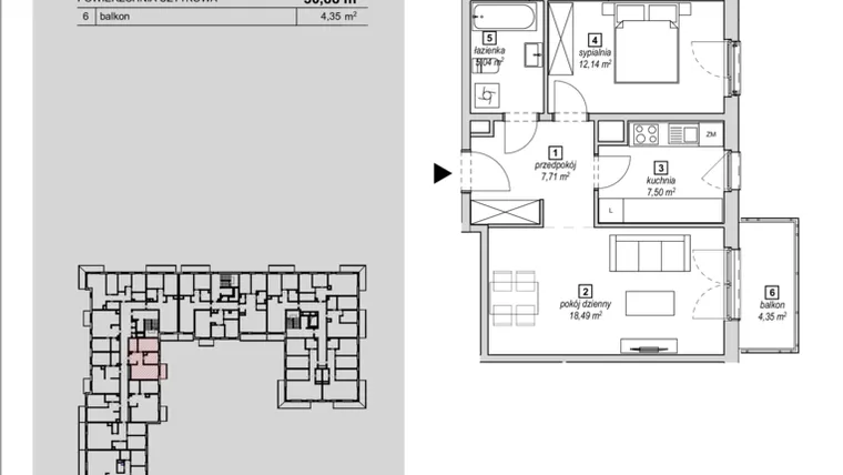 Rzut - Mieszkanie na sprzedaż 2 pokoje o powierzchni 50,88 m² - numer 1C-2-1 w Naramowice Odnova