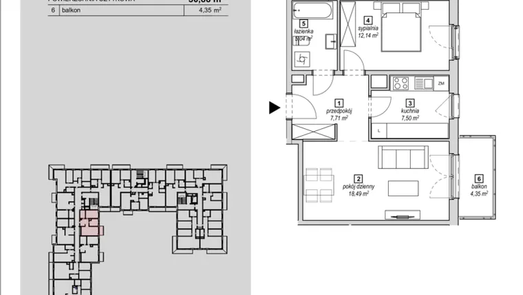 Rzut - Mieszkanie na sprzedaż 2 pokoje o powierzchni 50,88 m² - numer 1C-3-1 w Naramowice Odnova