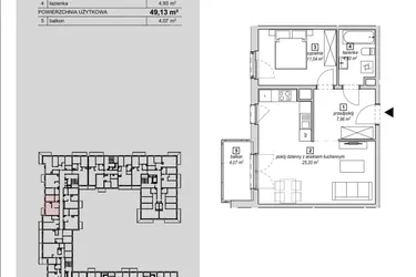 Rzut - Mieszkanie na sprzedaż 2 pokoje o powierzchni 49,13 m² - numer 1C-3-5 w Naramowice Odnova