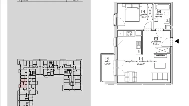 Rzut - Mieszkanie na sprzedaż 2 pokoje o powierzchni 49,13 m² - numer 1C-3-5 w Naramowice Odnova