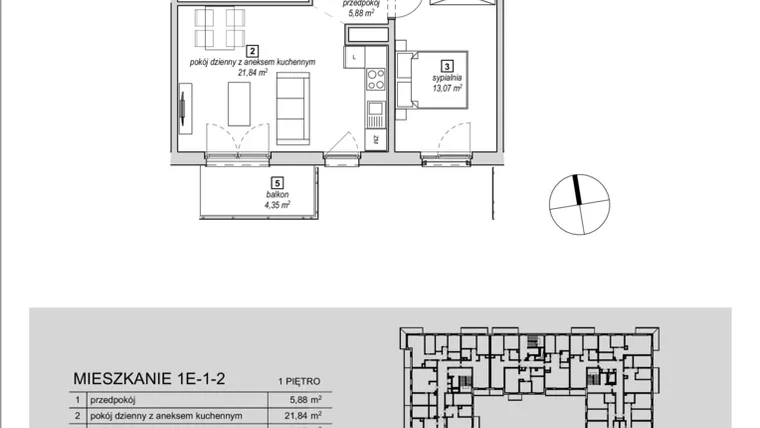 Rzut - Mieszkanie na sprzedaż 2 pokoje o powierzchni 46,95 m² - numer 1E-1-2 w Naramowice Odnova