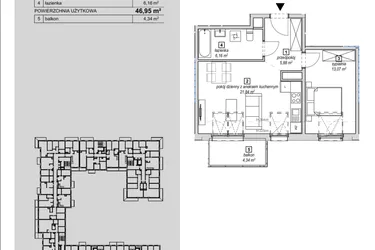 Rzut - Mieszkanie na sprzedaż 2 pokoje o powierzchni 46,95 m² - numer 1E-4-2 w Naramowice Odnova