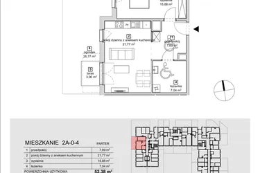 Rzut - Mieszkanie na sprzedaż 2 pokoje o powierzchni 52,38 m² - numer 2A-0-4 w Naramowice Odnova