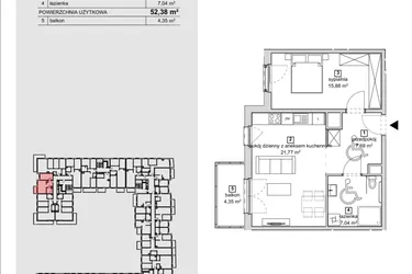 Rzut - Mieszkanie na sprzedaż 2 pokoje o powierzchni 52,38 m² - numer 2A-2-3 w Naramowice Odnova
