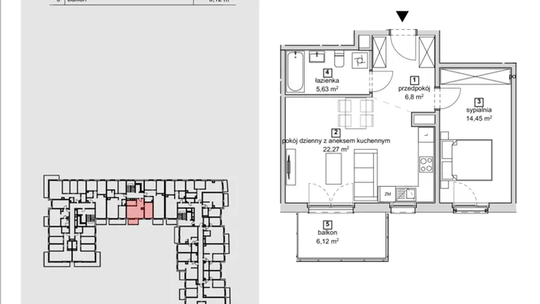 Rzut - Mieszkanie na sprzedaż 2 pokoje o powierzchni 49,15 m² - numer 2B-1-2 w Naramowice Odnova