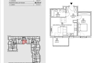 Rzut - Mieszkanie na sprzedaż 2 pokoje o powierzchni 49,15 m² - numer 2B-3-2 w Naramowice Odnova