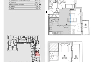 Rzut - Mieszkanie na sprzedaż 2 pokoje o powierzchni 73,55 m² - numer 2C-4-5 w Naramowice Odnova
