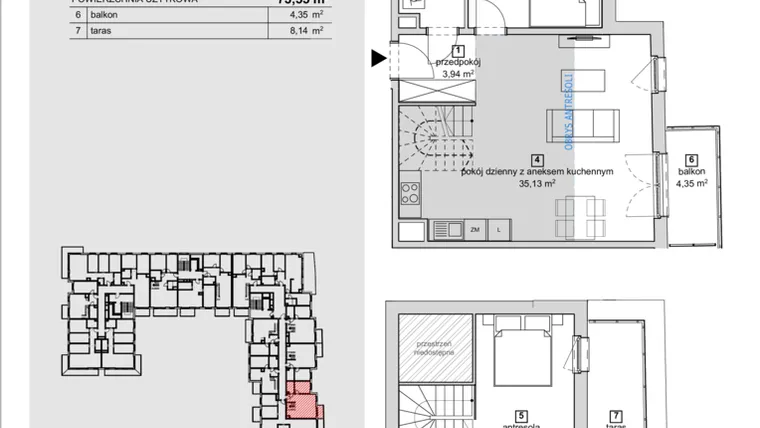 Rzut - Mieszkanie na sprzedaż 2 pokoje o powierzchni 73,55 m² - numer 2C-4-5 w Naramowice Odnova