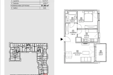 Rzut - Mieszkanie na sprzedaż 2 pokoje o powierzchni 51,96 m² - numer 2D-1-2 w Naramowice Odnova