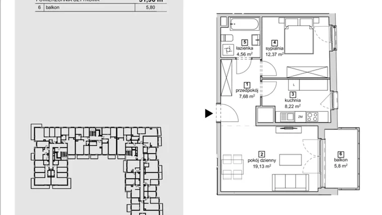 Rzut - Mieszkanie na sprzedaż 2 pokoje o powierzchni 51,96 m² - numer 2D-1-2 w Naramowice Odnova