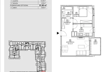 Rzut - Mieszkanie na sprzedaż 2 pokoje o powierzchni 51,95 m² - numer 2D-2-2 w Naramowice Odnova