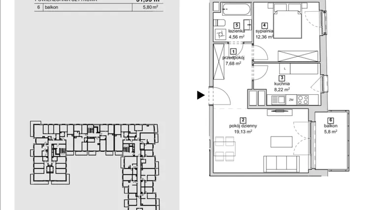 Rzut - Mieszkanie na sprzedaż 2 pokoje o powierzchni 51,95 m² - numer 2D-2-2 w Naramowice Odnova