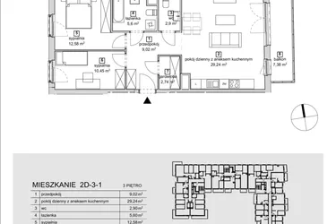 Rzut - Mieszkanie na sprzedaż 2 pokoje o powierzchni 72,53 m² - numer 2D-3-1 w Naramowice Odnova