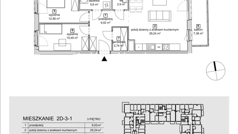 Rzut - Mieszkanie na sprzedaż 2 pokoje o powierzchni 72,53 m² - numer 2D-3-1 w Naramowice Odnova