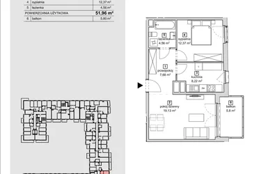 Rzut - Mieszkanie na sprzedaż 2 pokoje o powierzchni 51,96 m² - numer 2D-3-2 w Naramowice Odnova