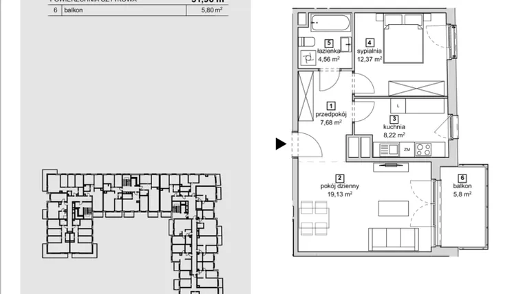 Rzut - Mieszkanie na sprzedaż 2 pokoje o powierzchni 51,96 m² - numer 2D-3-2 w Naramowice Odnova